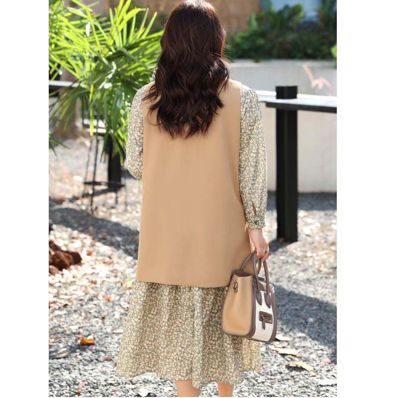 4XL 8XL Plus Size Khaki Vest And Ditsy Floral Long Sleeve Dress