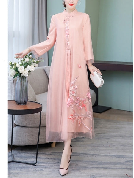 (Bust 92-108 CM) Pink Embroidery Plus Size Cheongsam Qipao Midi Dress