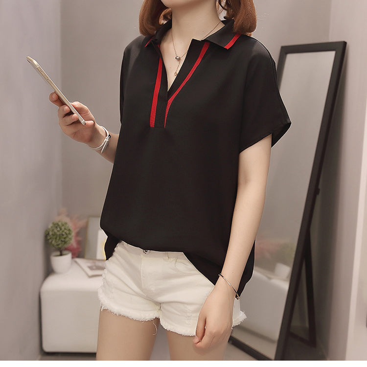 Kioka Plus Size Black Chiffon Short Sleeve Shirt Blouse