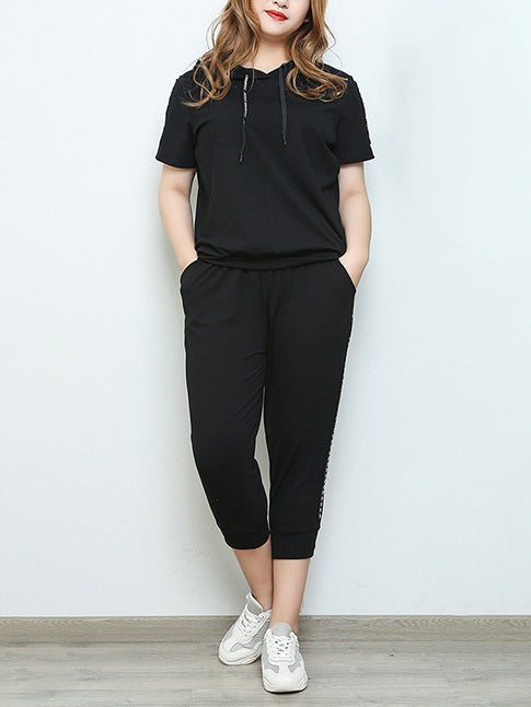 Swintayla Plus Size Casual / Lounge Black Hoody Short Sleeve T Shirt Top And Black Skinny Knit Capri Pants Set