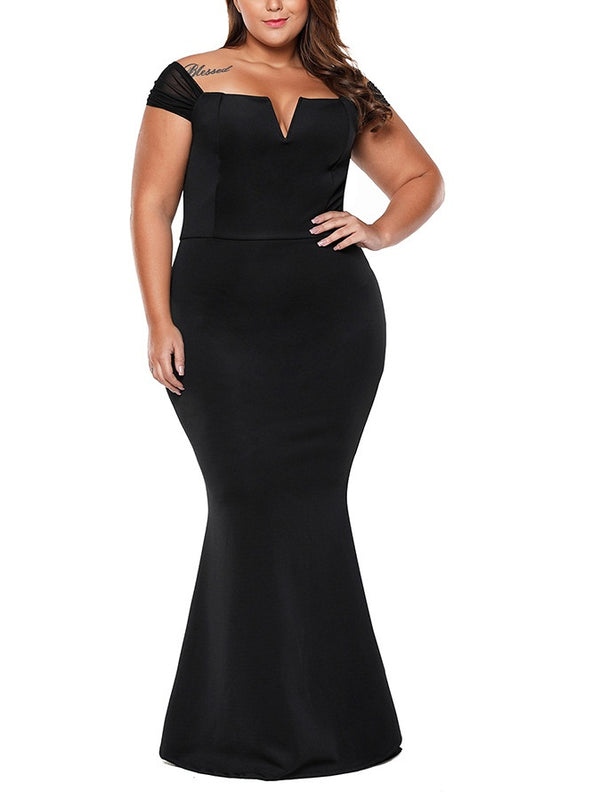 Sovannah Plus Size Dinner Occasion Prom Formal Wedding Red Carpet Evening Dress Gown Elegant Sexy Black V Neck Bodycon Fishtail Mermaid With Sleeves Short Sleeve Maxi Dress (EXTRA BIG SIZE)