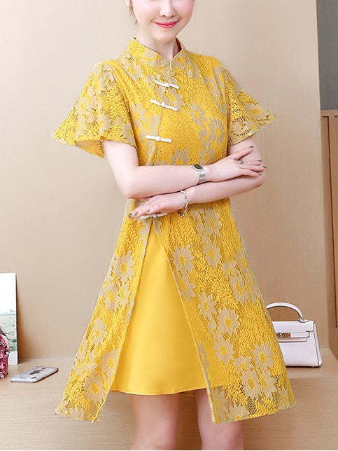 Plus Size Yellow Lace Cheongsam Short Sleeve Dress