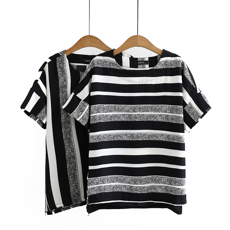 Labronna Plus Size Black Stripes Chiffon Short Sleeve Blouse