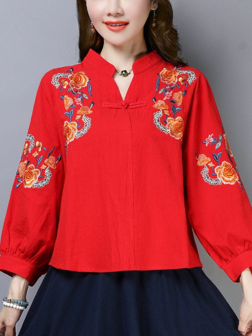 Tisa Plus Size Cheongsam Qipao Chinese Floral Embroidery Mandarin Collar Mid Sleeve Shirt Blouse (Red) (Suitable For Chinese New Year)