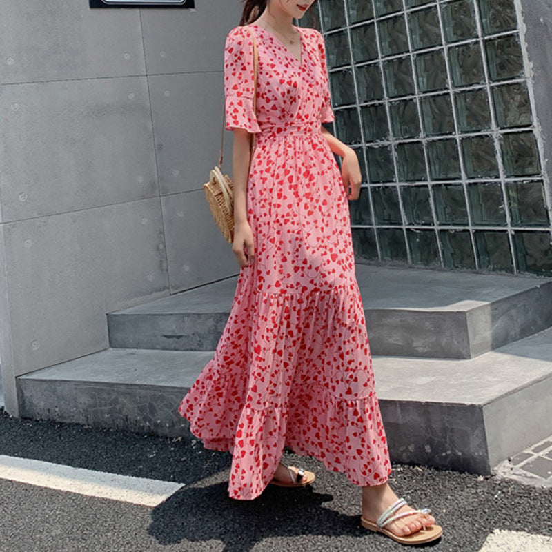 Klaudie Plus Size Wrap Heart Print Short Sleeve Midi Dress