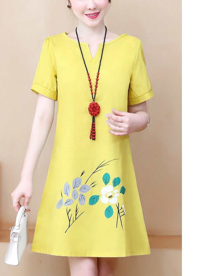 Plus Size Yellow Nature V Neck Short Sleeve Dress