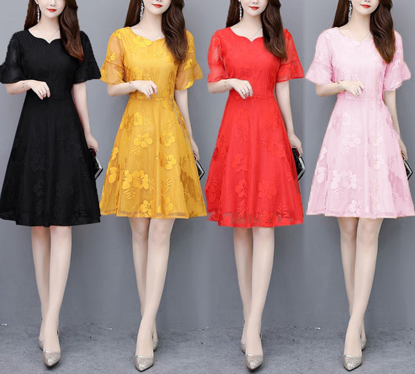 Plus Size Swing V Neck Lace Short Sleeve Dress
