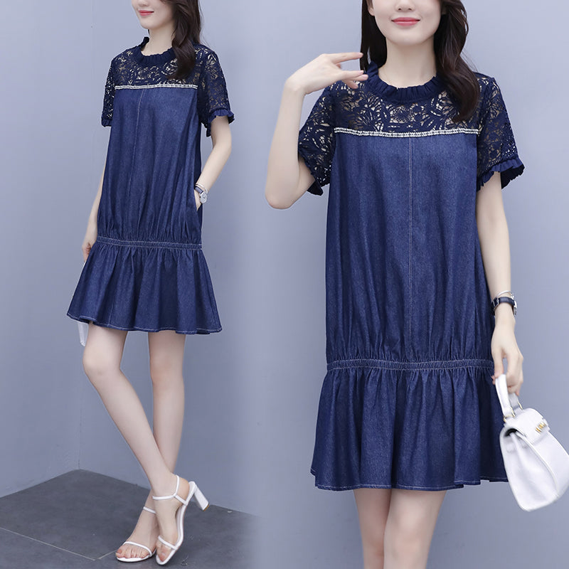 Kioko Plus Size Lace Denim Short Sleeve Dress