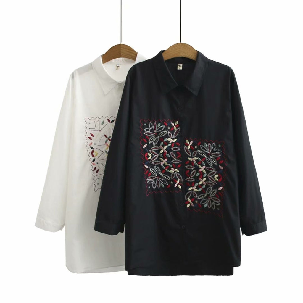 Kryska Plus Size Ethnic Embroidery Long Sleeve Shirt Blouse