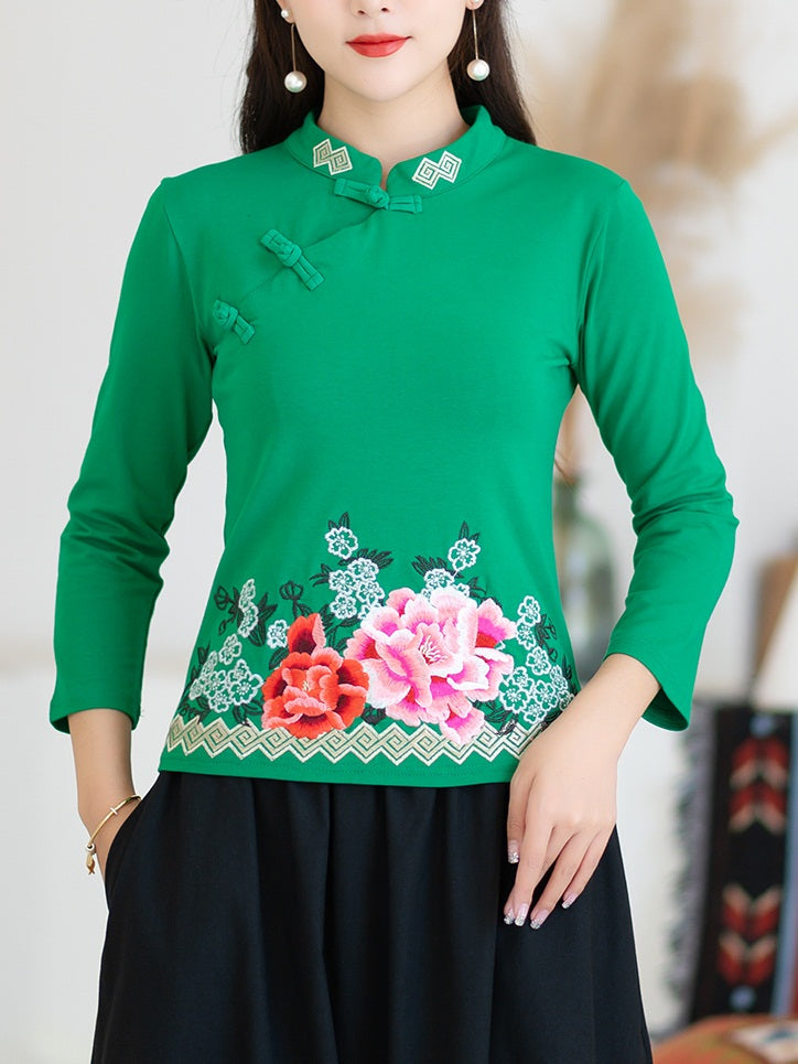 Tish Plus Size Cheongsam Qipao Chinese Floral Embroidery Mandarin Collar Long Sleeve Blouse (Red, Black, Green) (Suitable For Chinese New Year)