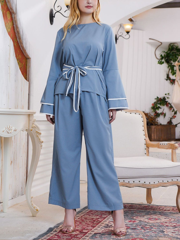 Tawana Plus Size Blue Tier Sleeve Waist Tie Long Sleeve Blouse And Wide Leg Pants Set (Also Suitable As Muslimah / Muslim Clothing) (EXTRA BIG SIZE)
