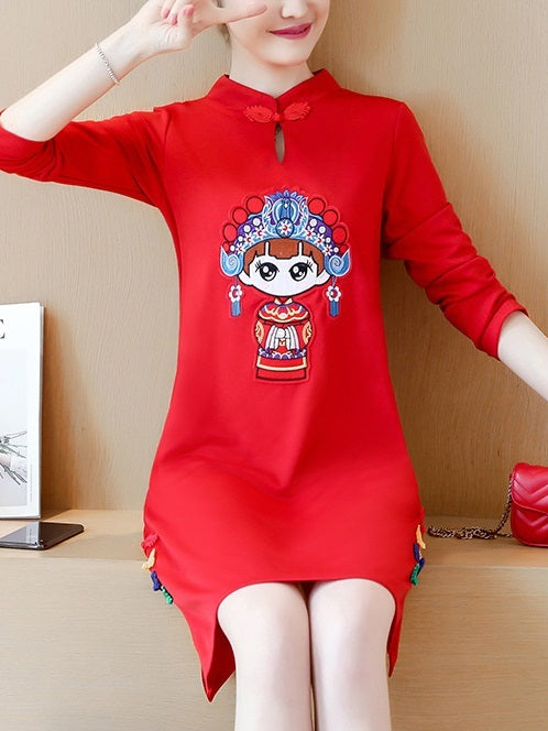 (Bust 92-122CM) Martta Chinese Opera Girl Red Plus Size Cheongsam Qipao Dress