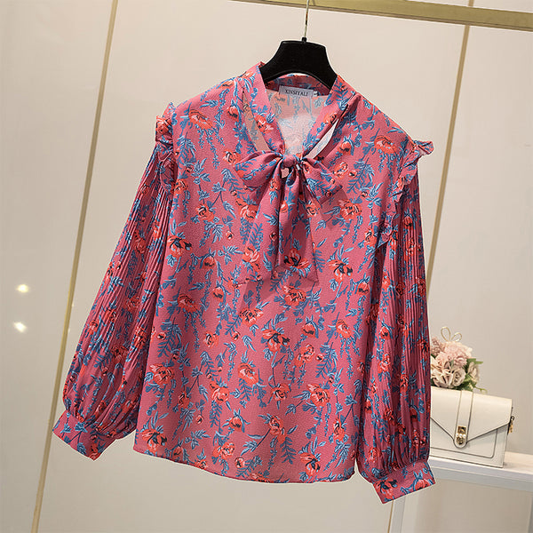 Plus Size Pink Floral Pussybow Pleats Long Sleeve Top