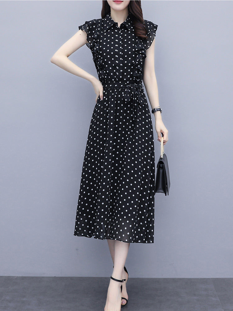 Kiona Plus Size Polka Dots Cap Sleeve Short Sleeve Midi Dress