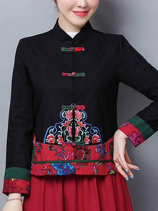 Tisha Plus Size Cheongsam Qipao Chinese Floral Embroidery Mandarin Collar Long Sleeve Blouse / Jacket (Red, Black, Blue) (Suitable For Chinese New Year)