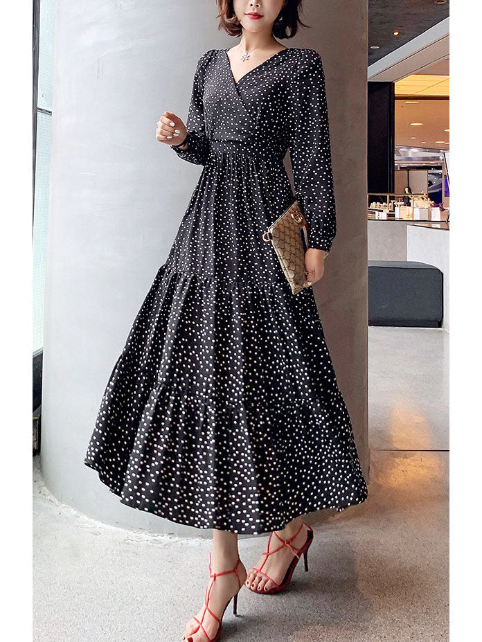 Klavdija Plus Size Polka Dots Tier Wrap Long Sleeve Midi Dress