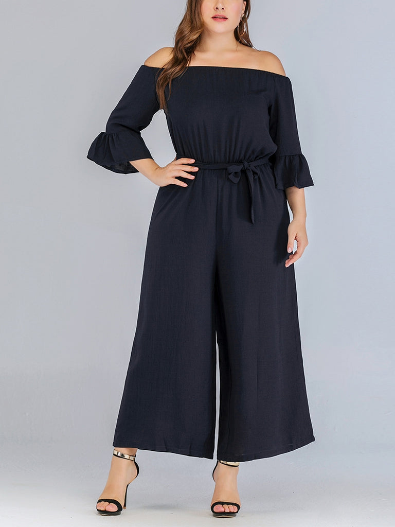 Violette Plus Size Blue Off Shoulder Wide Leg Maxi Jumpsuit Romper