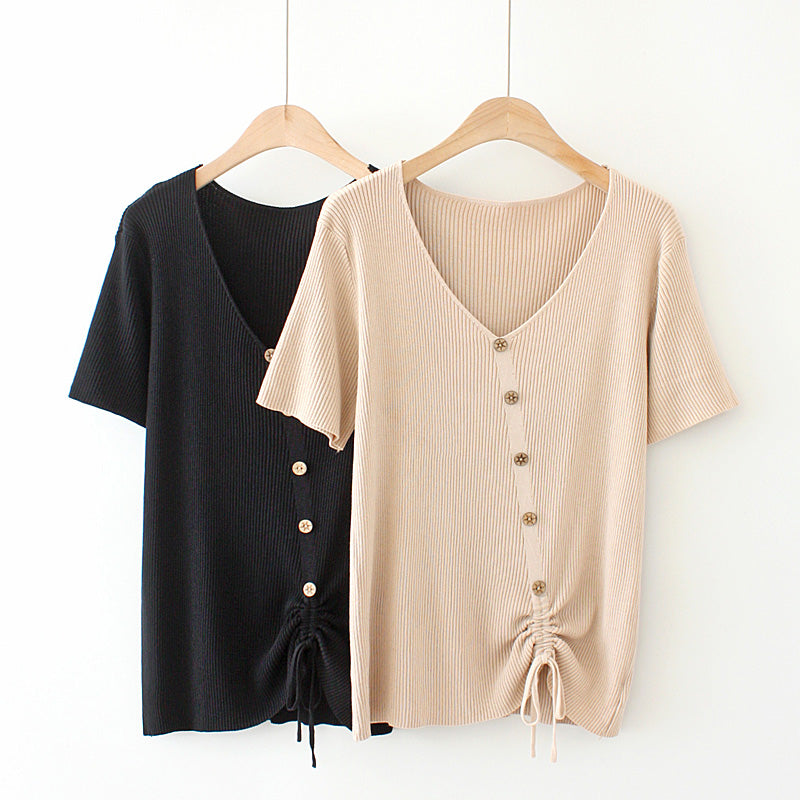 Kani Plus Size Ribbed Knit V Neck Top (EXTRA BIG SIZE)