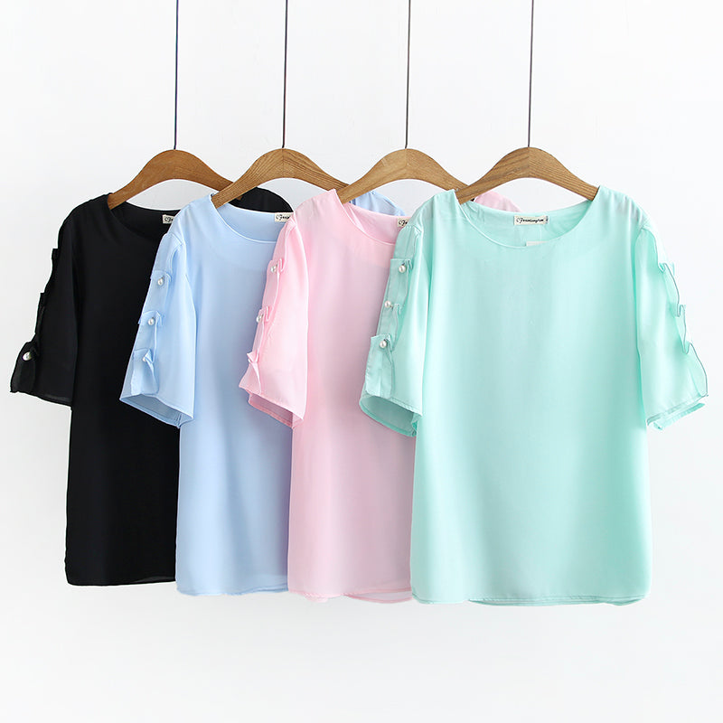 Laci Plus Size Pearls Chiffon Short Sleeve Blouse