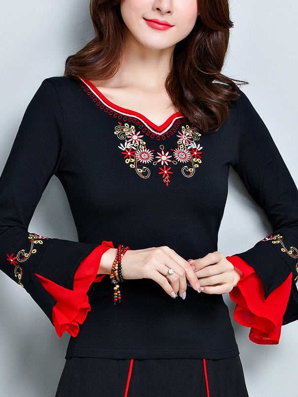 Tishia Plus Size V Neck Chinese Floral Embroidery Bell Sleeve Long Sleeve Blouse (Suitable For Chinese New Year)