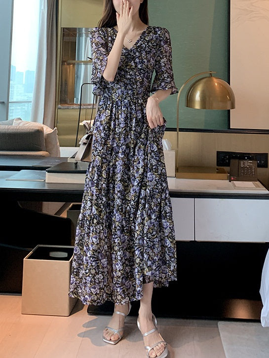 Klea Plus Size Wrap Chiffon Floral Short Sleeve Midi Dress