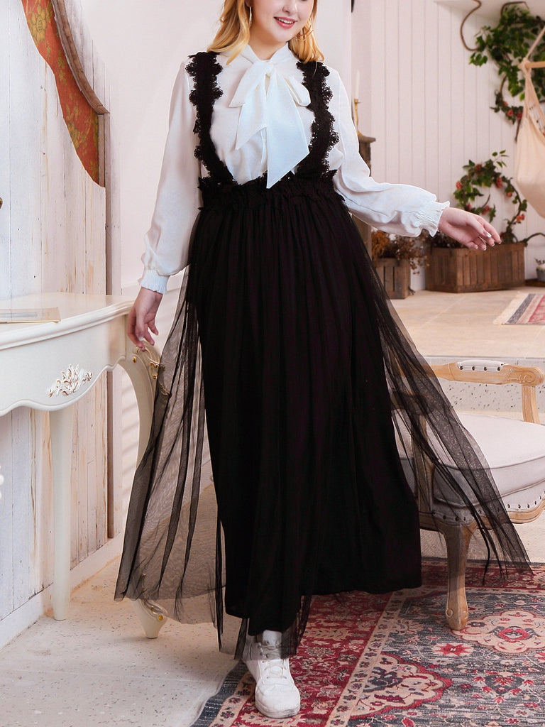 Tawnee Plus Size Black Lace Strap Tulle Maxi Skirt (Also Suitable As Muslimah / Muslim Clothing) (EXTRA BIG SIZE)