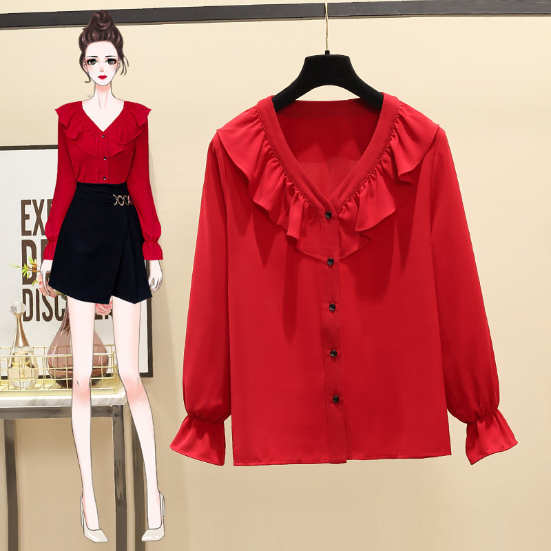 Plus Size Frills Button Chiffon V Neck Long Sleeve Top
