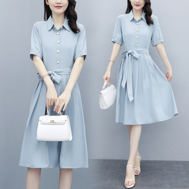 Kennadie Plus Size Pleated Blue Short Sleeve Shirt Dress