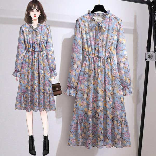 Plus Size Pussybow Blue Floral Chiffon Long Sleeve Midi Dress