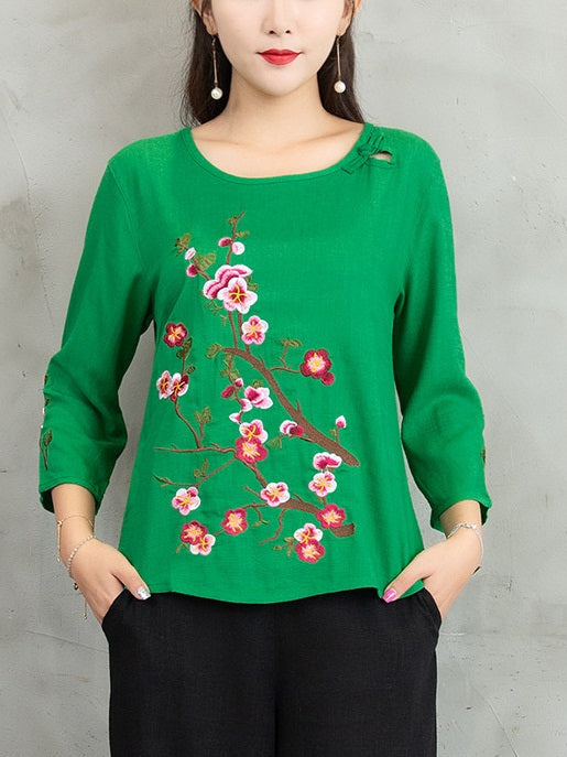 Tiye Plus Size Cheongsam Qipao Chinese Flowers Embroidery Mid Sleeve Blouse (Green, Pink, Blue) (Suitable For Chinese New Year)
