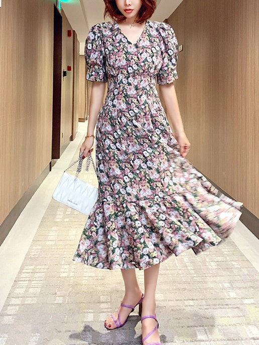 Klimentini Plus Size Puff Sleeve Floral Short Sleeve Midi Dress