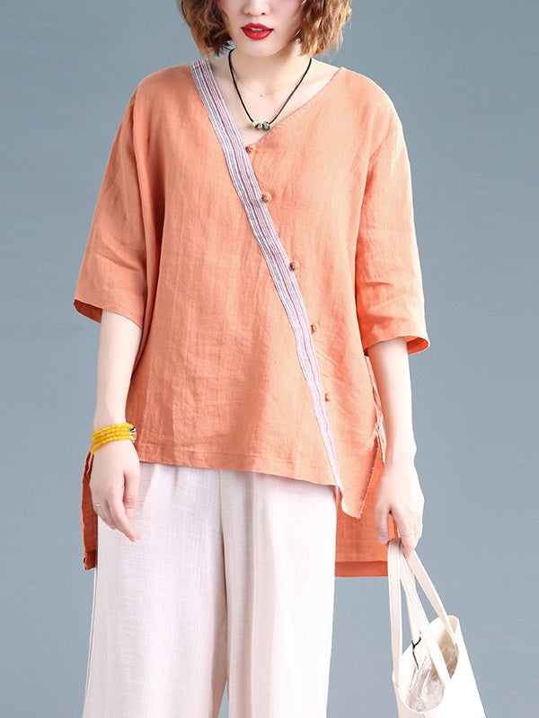 Tobi Plus Size Loose Cheongsam Buttons V Neck Wrap Longer Back Mid Sleeve Blouse (Orange, White, Pink, Red, Green)