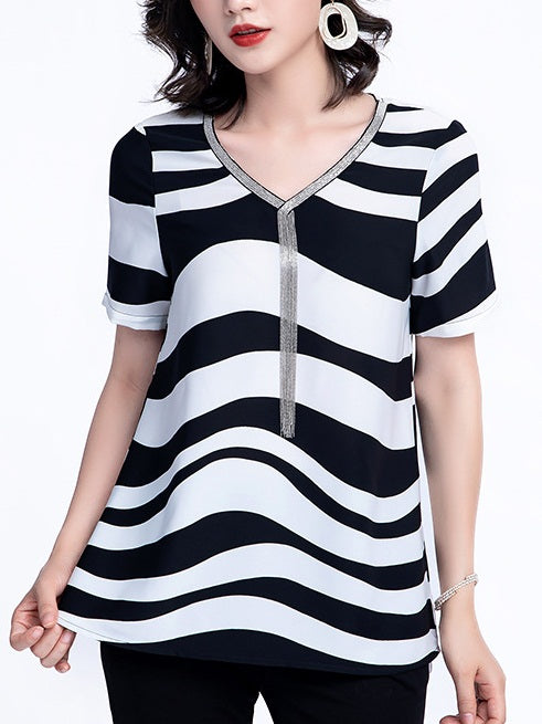 Kerryn Plus Size Stripes Chain Chiffon Blouse
