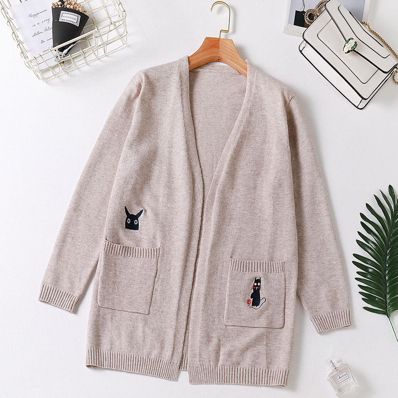 Kimba Plus Size Cat Embroidery Knitted Cardigan