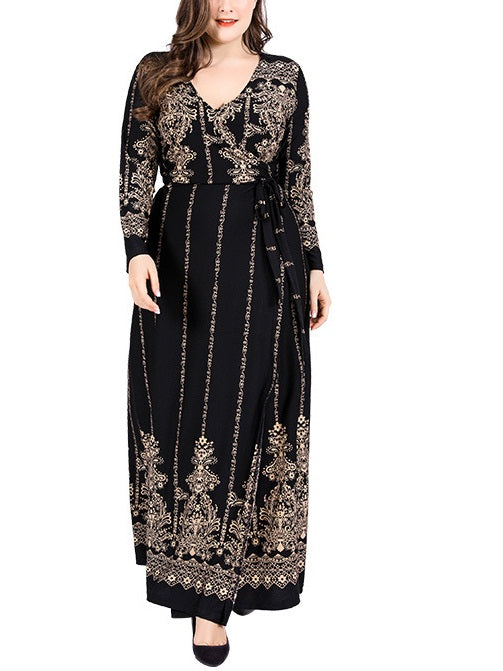 Tomasa Plus Size Printed V Neck Wrap Long Sleeve Maxi Dress (Suitable for Muslimah Fashion Wear, Hijab Wearers) (Black, Blue) (EXTRA BIG SIZE)
