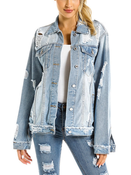Light Blue Distressed Denim Jacket (EXTRA BIG SIZE)