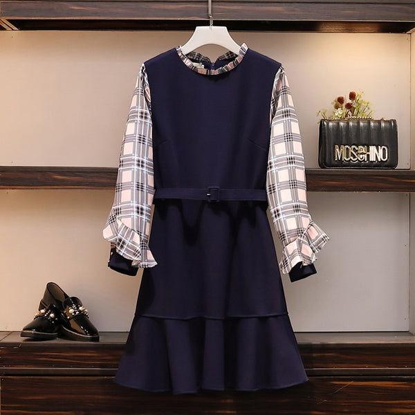 Sherie Pink Checked Sleeve Blue Belted L/S Dress