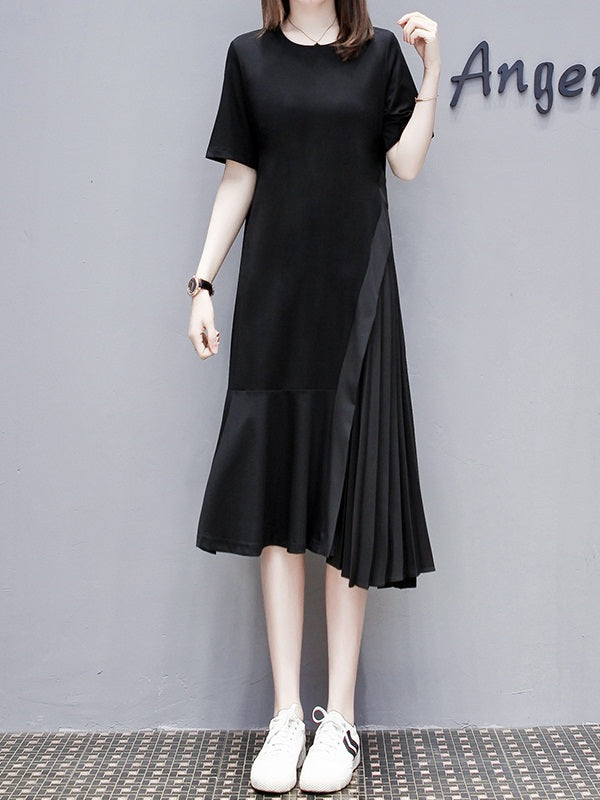 Virelai Plus Size Black Side Pleat Short Sleeve Midi Dress (Black, Polka Dots)