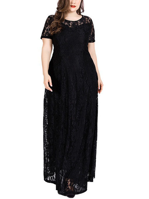 Wednesday Plus Size Lace Short Sleeve Maxi Dress (Black, White) (Suitable For Evening Wear, Weddings, Occasion Wear) (EXTRA BIG SIZE)