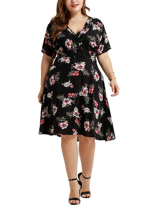 Tameah Plus Size Red Floral Print Black V Neck Short Sleeve Dress (Suitable For Chinese New Year, Weekends, Office And Work)