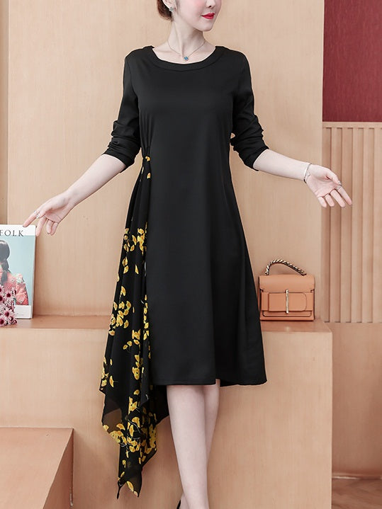 Yunuen Plus Size Yellow Floral Print Longer Side Long Sleeve Midi Dress