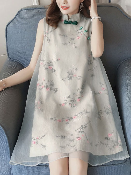 Thisbe Plus Size Cheongsam Green Floral Loose Organza Sleeveless Dress