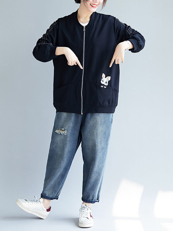 Wynie Plus Size Black Cute Rabbit Embroidery Zip Up Baseball Jacket (EXTRA BIG SIZE)