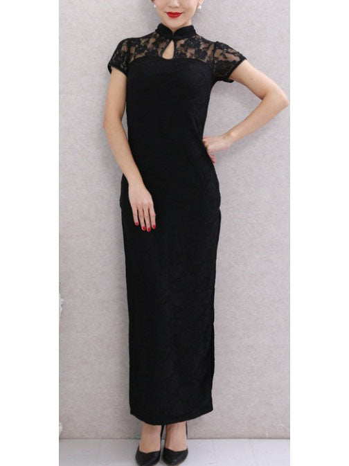 Tawnya Plus Size Cheongsam Qipao Lace High Slit Short Sleeve Maxi Dress Gown (Suitable For Chinese New Year, Weddings, Evening Wear, Red Carpet, Company Function)
