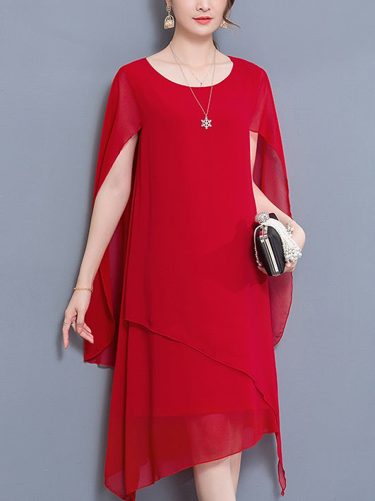 Yoksan Plus Size Chiffon Layer Cape Formal Party Short Sleeve Dress (Black, Red)