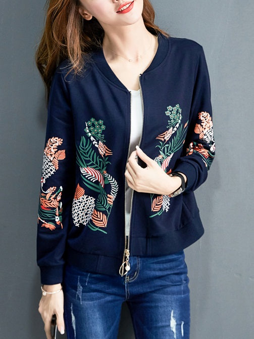 Xia Plus Size Blue Oriental Embroidery Baseball Jacket
