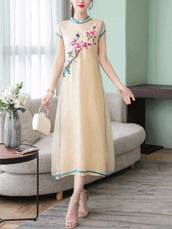 Taleah Plus Size Cheongsam Qipao Floral Embroidery Short Sleeve Midi Dress (Beige)
