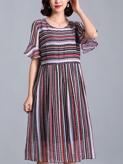 Robert Stripe Print Bell Sleeve S/S Midi Dress