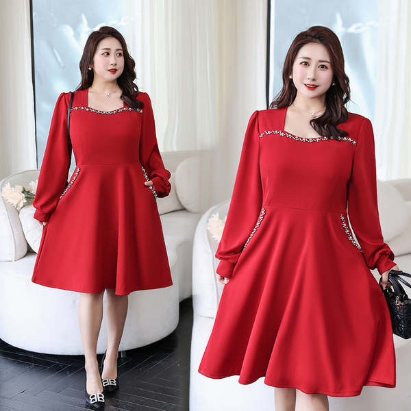 (5Xl-8Xl) Plus Size Bright Red Long Sleeve Dress (Extra Big Size)