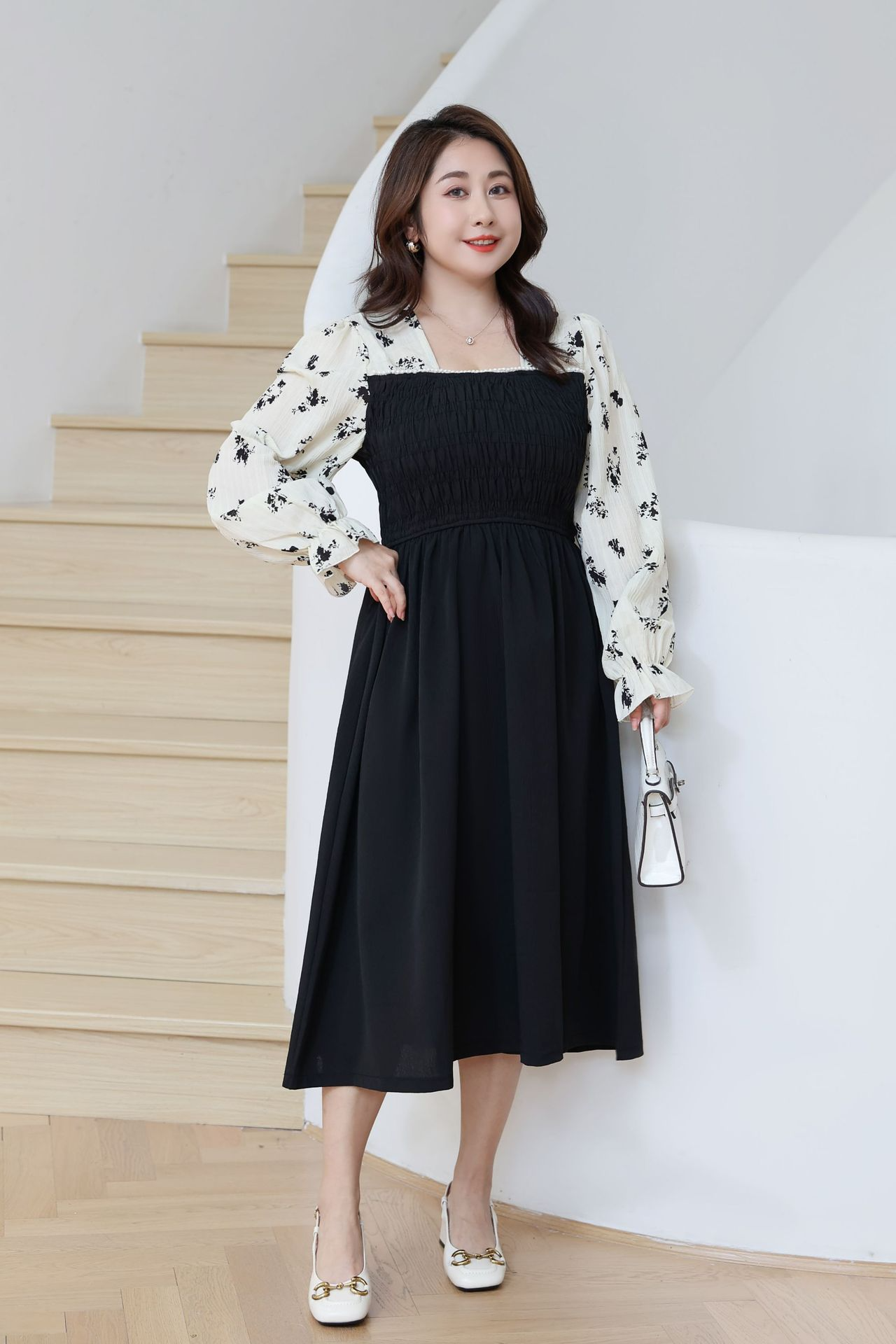 Extra Size (5XL-8XL) Plus Size Floral Square Neck Long Sleeve Dress (Extra Big Si ...